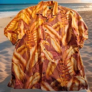 Tommy Bahama Short Sleeve Aloha Shirt Silk Floral Large Orange 1537‎